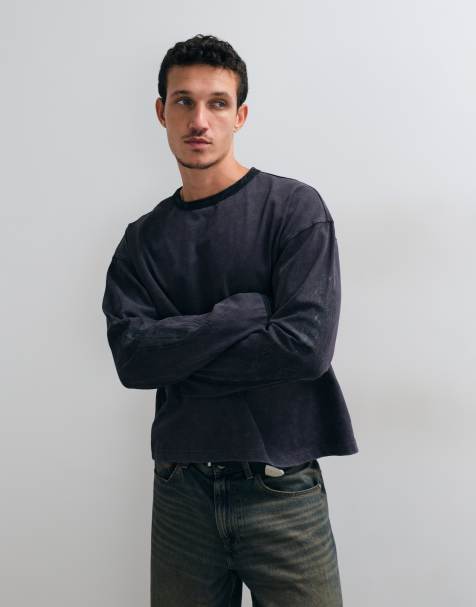 ASOS DESIGN oversized T-shirt met lange mouwen en contrastboorden, gewassen antracietgrijs - view 1
