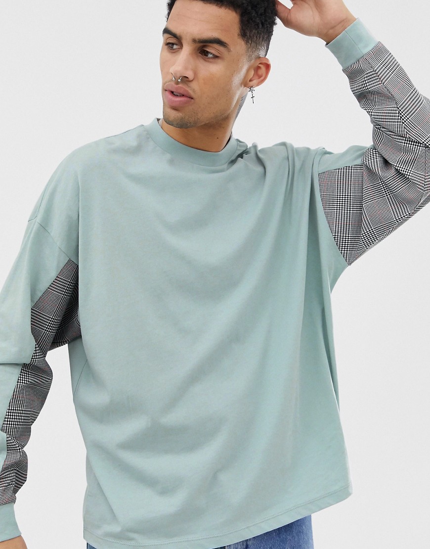 ASOS DESIGN - Oversized T-shirt met lange mouwen en geweven geruite kleurvlakken op de mouwen-Blauw