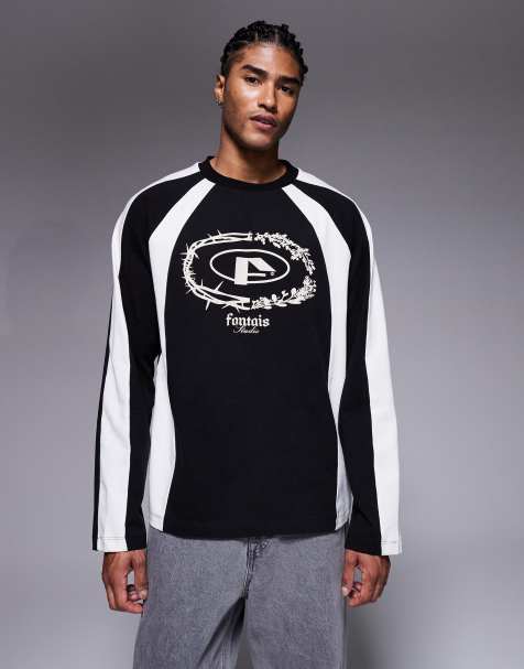 ASOS DESIGN - Oversized T-shirt met lange mouwen en grafische print op de borst en panelen in antracietgrijs en crème - view 1
