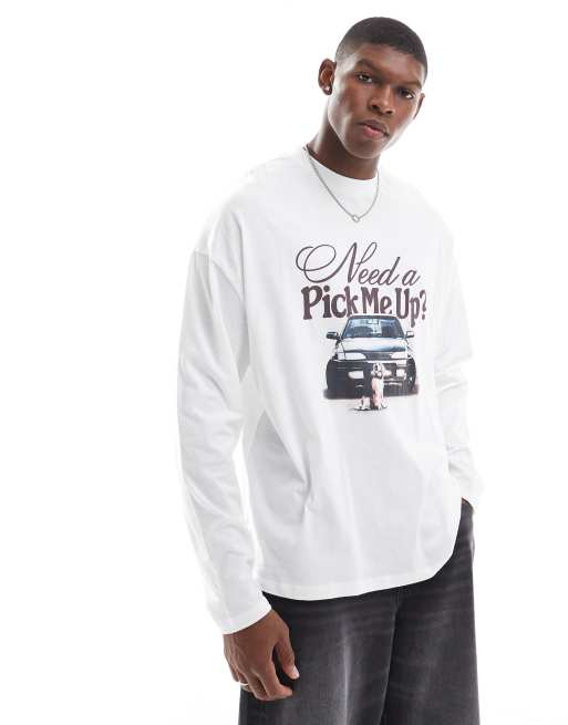 ASOS DESIGN - Oversized T-shirt met lange mouwen en grafische print van auto in wit