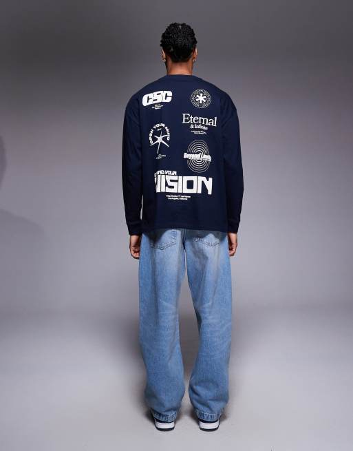 ASOS DESIGN - Oversized T-shirt met lange mouwen en grafische straatprints in marineblauw