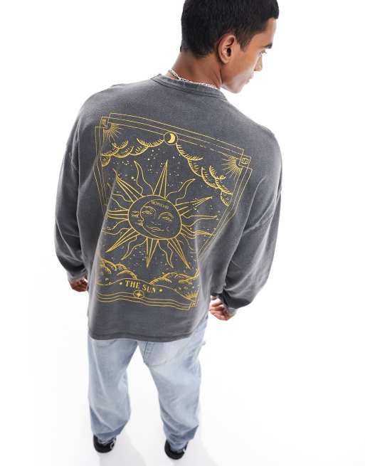 ASOS DESIGN - Oversized T-shirt met lange mouwen en hemelse print op de achterkant in zwart