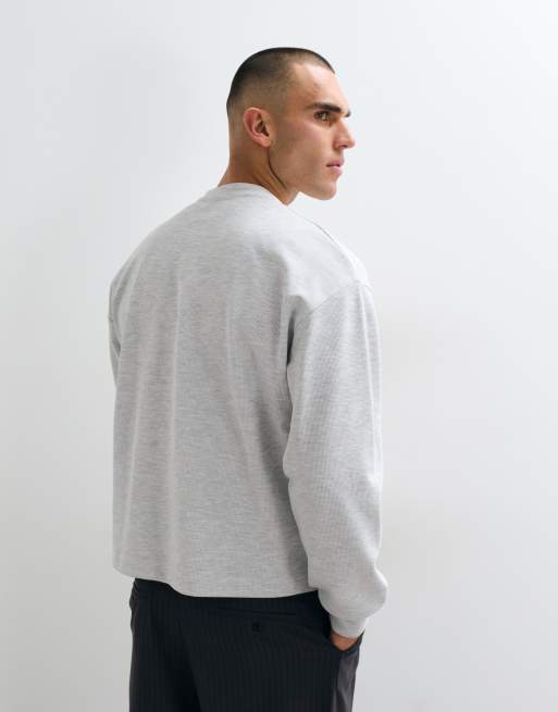 ASOS DESIGN oversized T-shirt met lange mouwen en henleyhals in gemêleerd grijs met wafelstructuur, 4 van 10