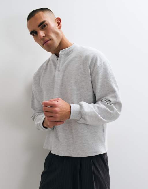 ASOS DESIGN oversized T-shirt met lange mouwen en henleyhals in gemêleerd grijs met wafelstructuur, 5 van 10
