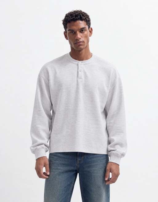 ASOS DESIGN oversized T-shirt met lange mouwen en henleyhals in gemêleerd grijs met wafelstructuur, 6 van 10