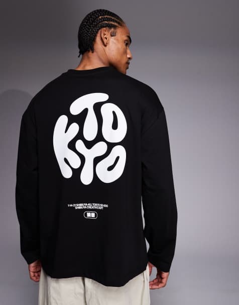 ASOS DESIGN - Oversized T-shirt met lange mouwen en Kyoto-print in zwart - view 1