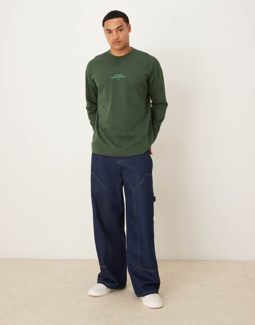 ASOS DESIGN - Oversized T-shirt met lange mouwen en tekstprint in donkergroen