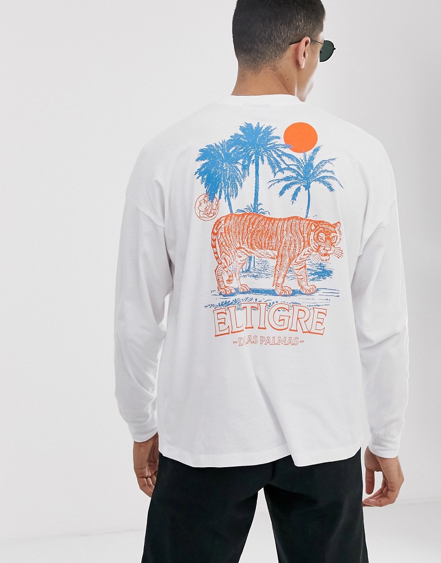 ASOS DESIGN - Oversized T-shirt met lange mouwen en tropische print op de borst en rug in gemêleerd wit