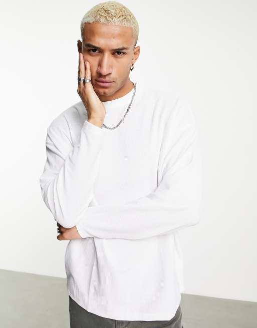 ASOS DESIGN - Oversized t-shirt met lange mouwen en wafeltextuur in wit