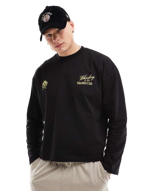 ASOS DESIGN - Oversized T-shirt met lange mouwen en 'Whiskey' print op de achterkant in zwart