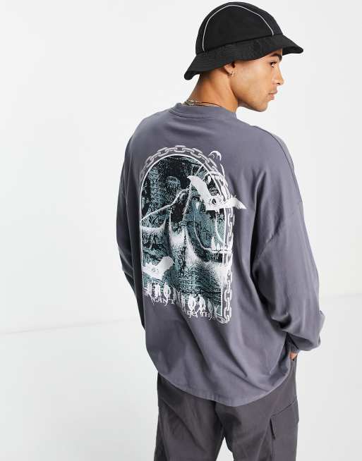 ASOS DESIGN - Oversized T-shirt met lange mouwen en wolfprint in grijs