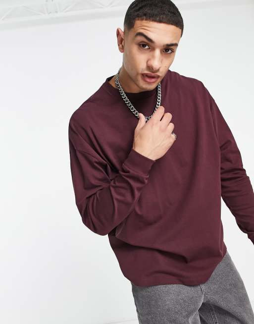 ASOS DESIGN - Oversized T-shirt met lange mouwen in bordeauxrood - BURGUNDY