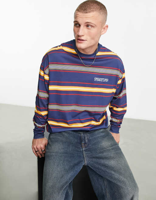 ASOS DESIGN - Oversized T-shirt met lange mouwen in marineblauw met gele strepen en print op de borst