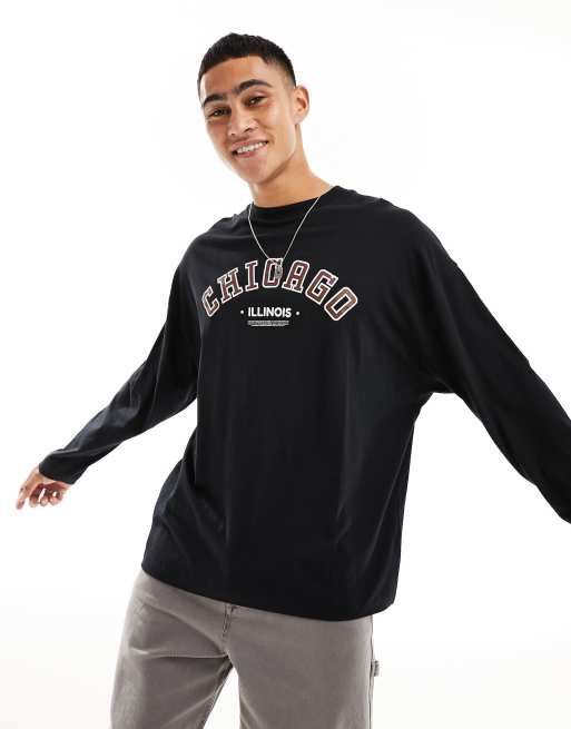 ASOS DESIGN - Oversized t-shirt met lange mouwen in zwart met Chicago-print op de voorkant
