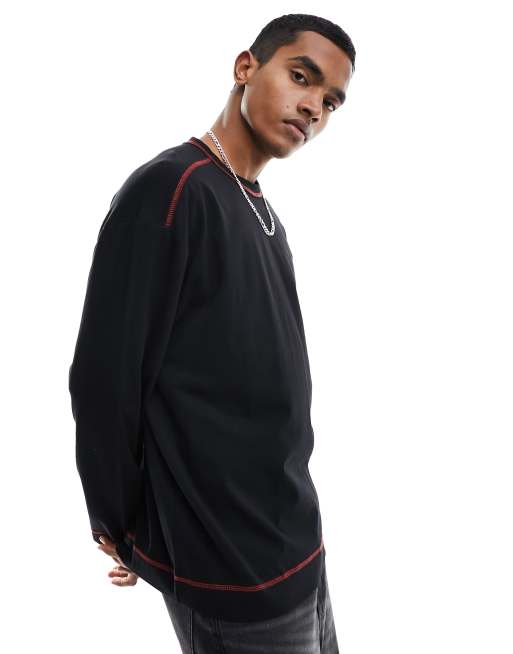 ASOS DESIGN - Oversized T-shirt met lange mouwen in zwart met contrasterende naden 
