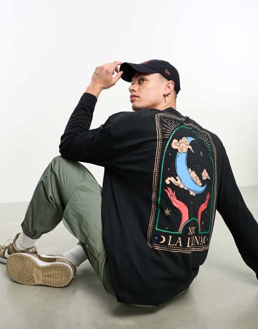 ASOS DESIGN - Oversized T-shirt met lange mouwen in zwart met print op de achterkant