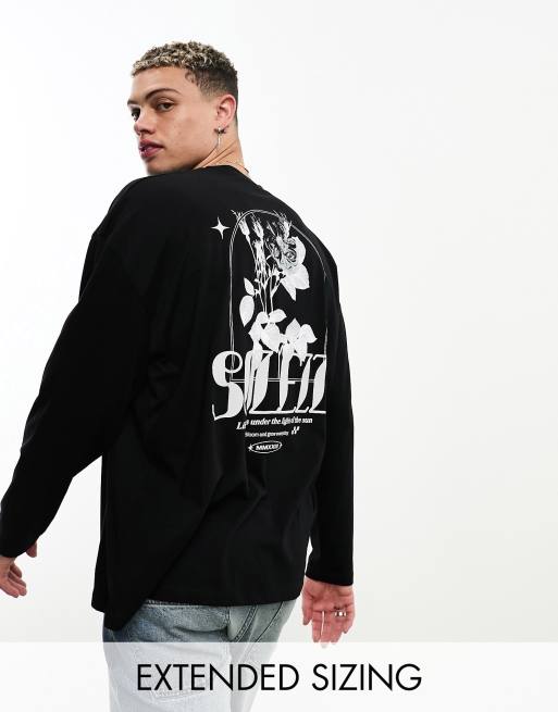 ASOS DESIGN - Oversized T-shirt met lange mouwen in zwart met Street-print op de achterkant
