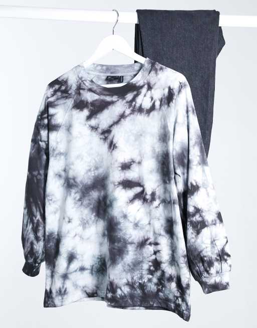 ASOS DESIGN - Oversized T-shirt met lange mouwen in zwart-wit tie-dye