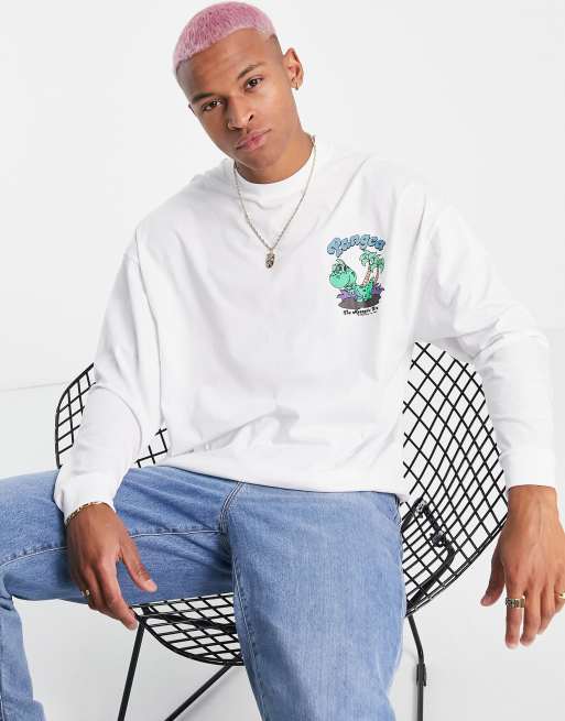 ASOS DESIGN - Oversized T-shirt met lange mouwen met dinosaurusprint op de borst in wit