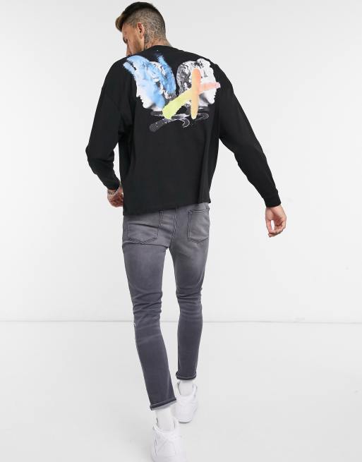 ASOS DESIGN - Oversized T-shirt met lange mouwen met historische print en graffiti in zwart