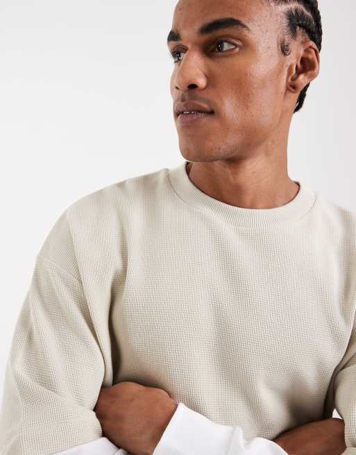 ASOS DESIGN - Oversized T-shirt met lange raglanmouwen en wafelstructuur in beige  , 5 van 5