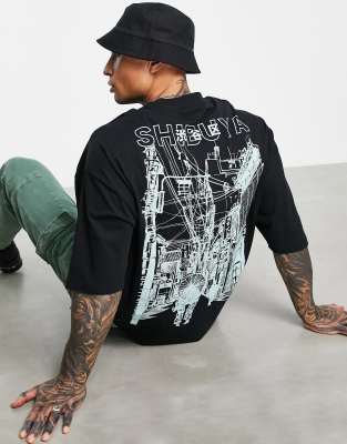 ASOS DESIGN - Oversized T-shirt met lijntekening op de voorkant en stadsprint op de achterkant in zwart