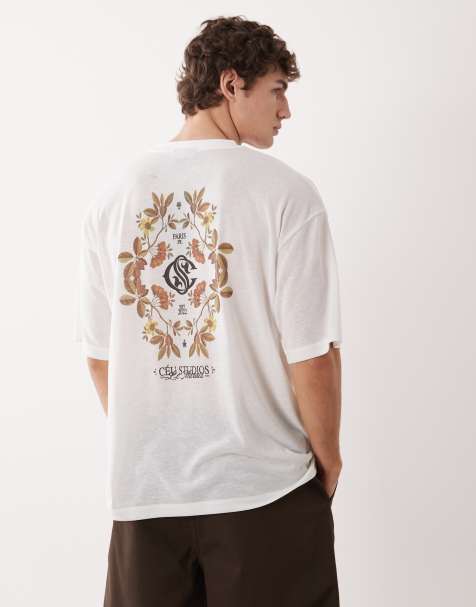 ASOS DESIGN - Oversized T-shirt met linnenlook en bloemenprint op de achterkant in beige en wit - view 1