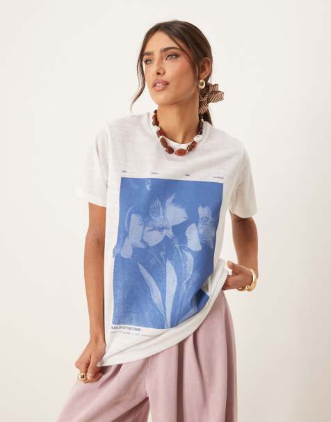 ASOS DESIGN - Oversized T-shirt met linnenlook en grafische bloemenprint in crème - view 1