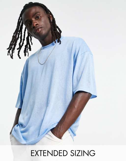 ASOS DESIGN Oversized T shirt met linnenlook en halve mouw in blauw