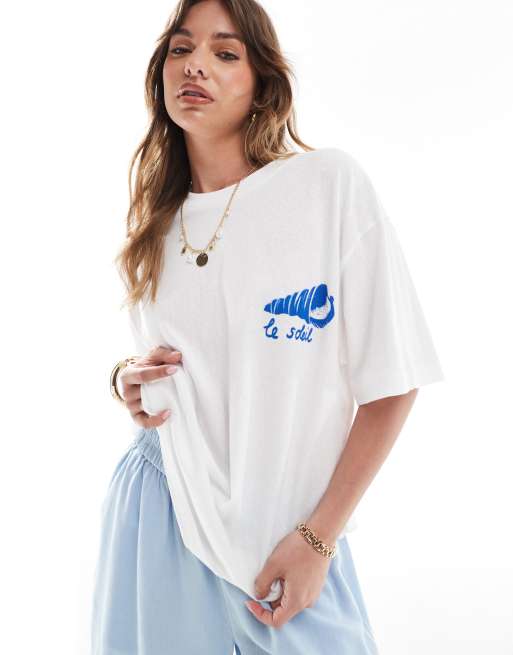 ASOS DESIGN - Oversized T-shirt met linnenlook en schelpenprint op de rug in wit, 3 van 4