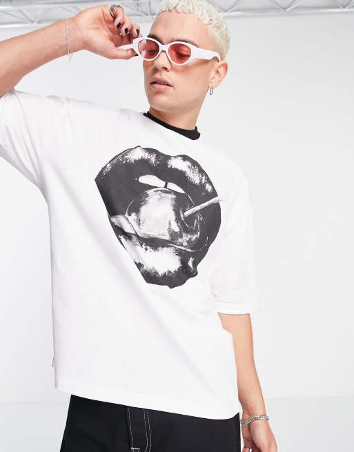 ASOS DESIGN - Oversized T-shirt met lippenprint op de voorkant in wit