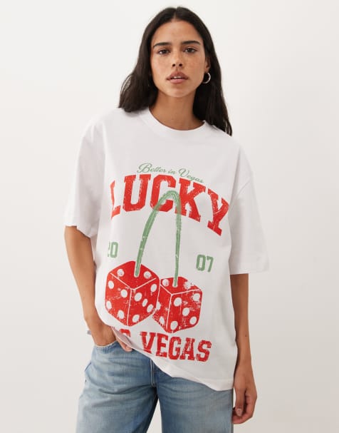 ASOS DESIGN oversized T-shirt met Lucky Vegas-kersengraphic in wit - view 1