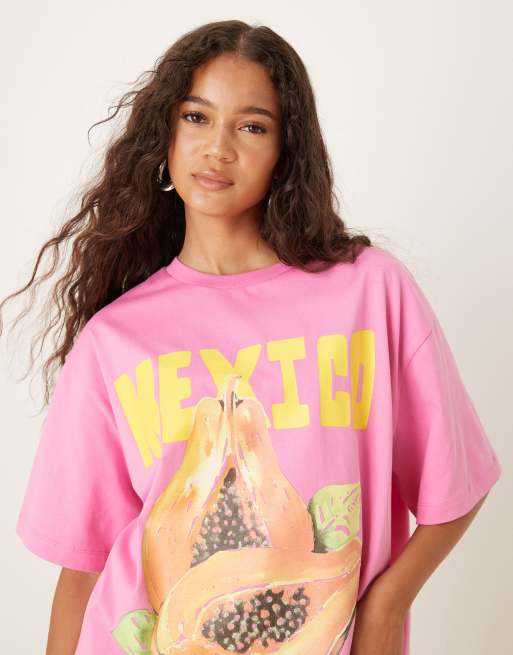 ASOS DESIGN - Oversized T-shirt met 'Mexico' print met papaya in roze, 2 van 4