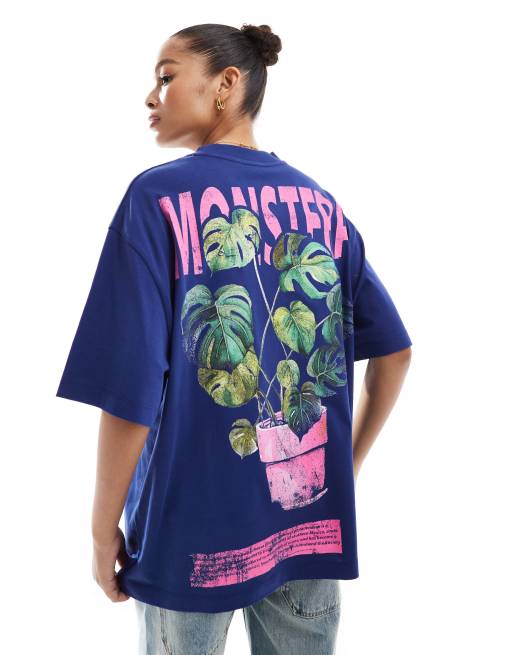 ASOS DESIGN - Oversized T-shirt met 'Monstera'- en bloemenprint in blauw
