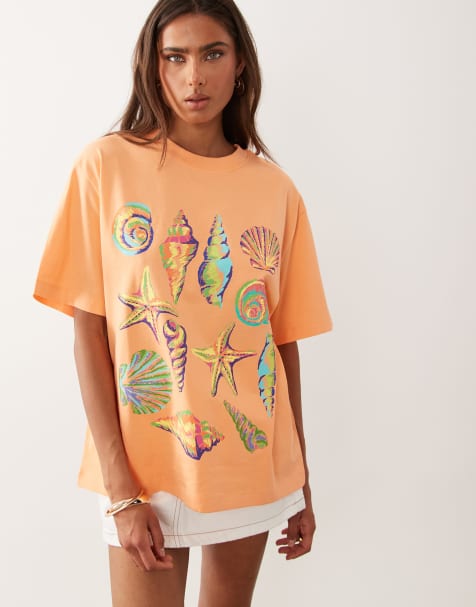 ASOS DESIGN - Oversized T-shirt met neon schelpenprint in koraal - view 1
