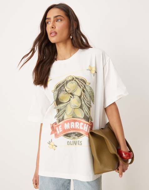 ASOS DESIGN - Oversized T-shirt met olijfprint in crème - view 1
