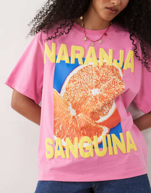 ASOS DESIGN oversized T-shirt met oranje graphic in roze, 4 van 4