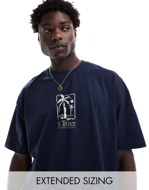 ASOS DESIGN - Oversized T-shirt met palmboomprint op de borst in marineblauw