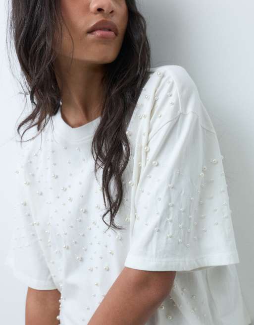 ASOS DESIGN oversized T-shirt met parelversiering in crème, 3 van 5