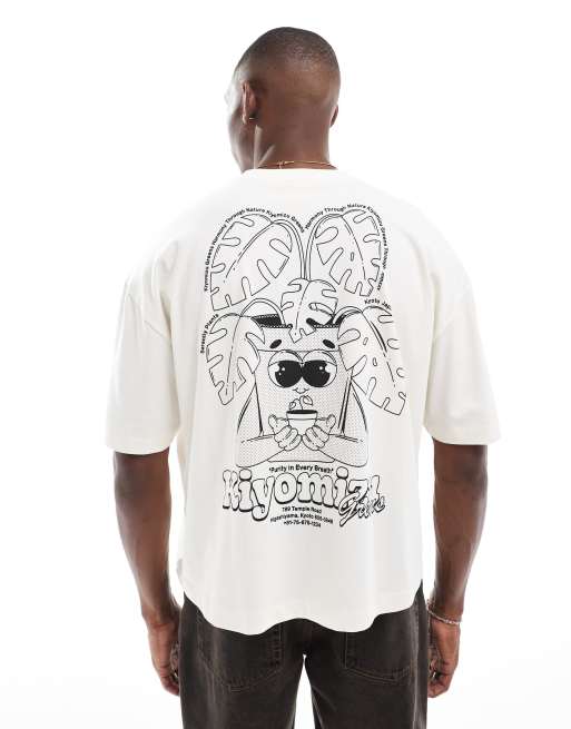 ASOS DESIGN - Oversized T-shirt met plantenprint op de achterkant in gebroken wit