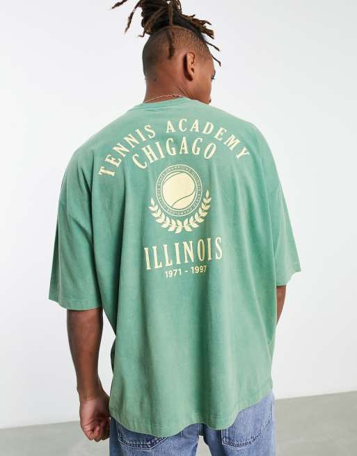 ASOS DESIGN - Oversized T-shirt met print in collegestijl in groen met wassing