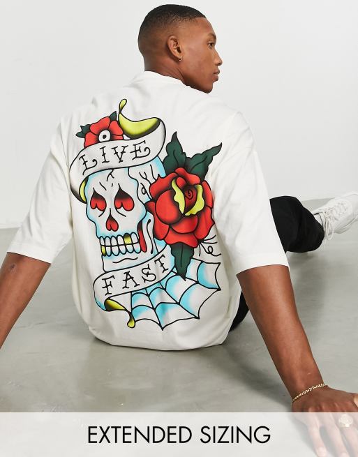 ASOS DESIGN - Oversized T-shirt met print van getatoeëerd doodshoofd in gebroken wit