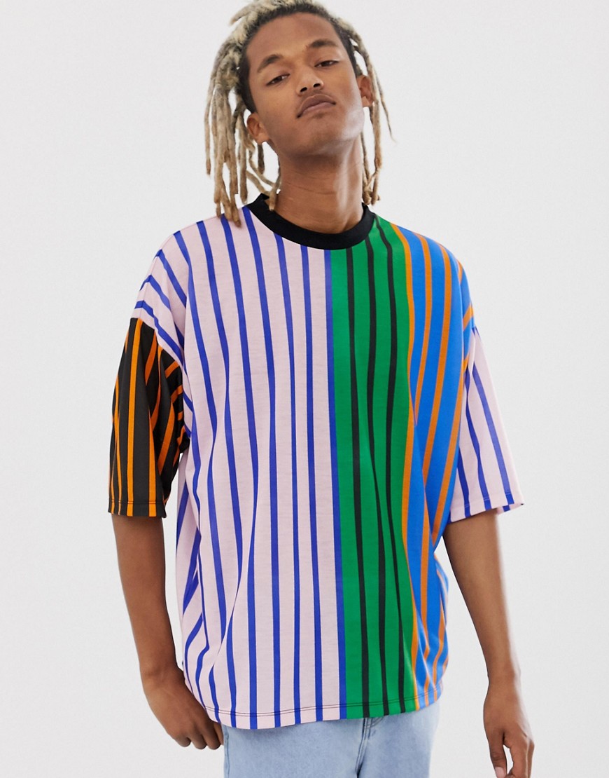 ASOS DESIGN - Oversized T-shirt met regenboogstrepen en contrasterende hals-Multi