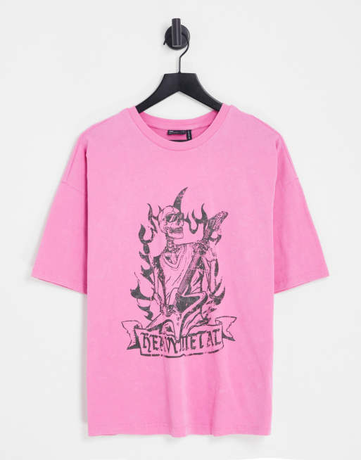 ASOS DESIGN - Oversized T-shirt met rockprint van heavy metal skelet in roze
