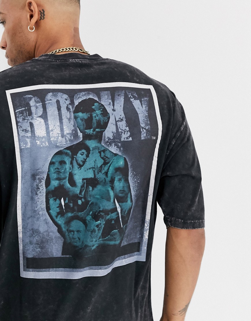 ASOS DESIGN - Oversized T-shirt met Rocky-print voor- en achterop in zwart met wassing-Grijs