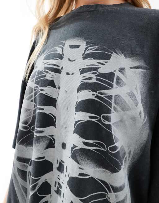 ASOS DESIGN - Oversized T-shirt met röntgen-skeletprint in antraciet met wassing, 2 van 4