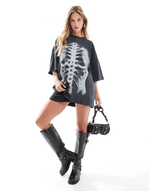 ASOS DESIGN - Oversized T-shirt met röntgen-skeletprint in antraciet met wassing, 4 van 4