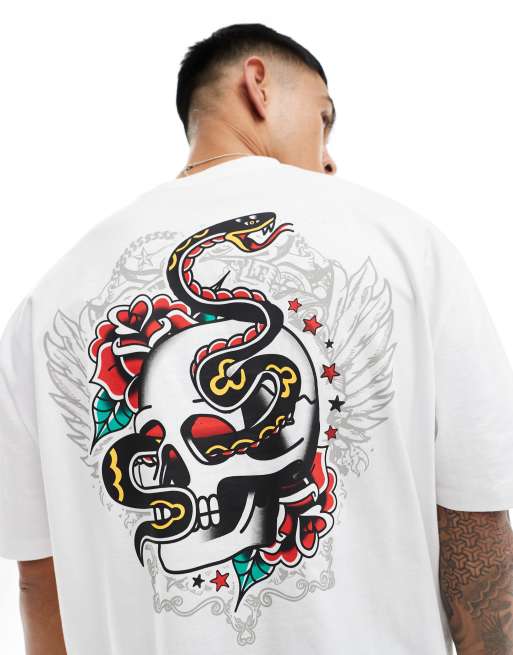 ASOS DESIGN - Oversized T-shirt met schedel- en slangenprint op de achterkant in wit