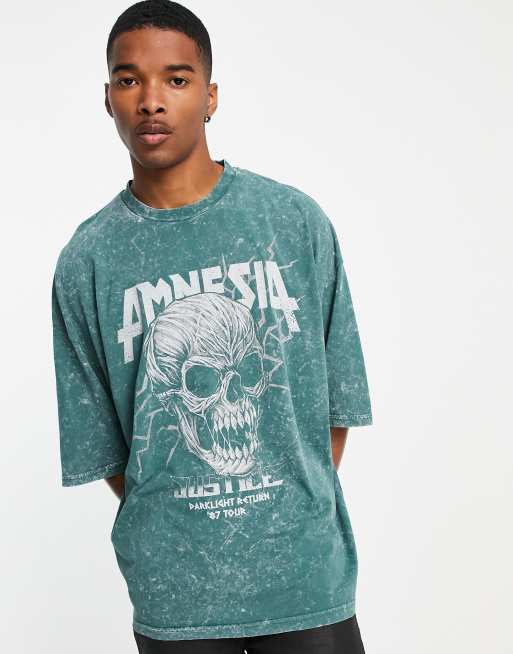ASOS DESIGN - Oversized T-shirt met schedelprint in groen met acid wash