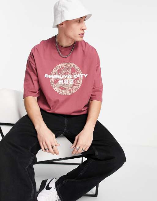 ASOS DESIGN - Oversized T-shirt met Shibuya City-print op de voorkant in rood